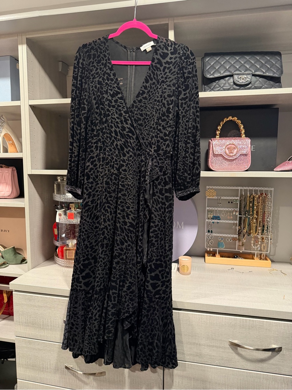 Calvin Klein Black Leopard-Print Wrap Midi Dress